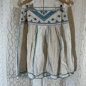 Banana Republic White Cotton Full Skirt Lined Blue Embroidery Size 12